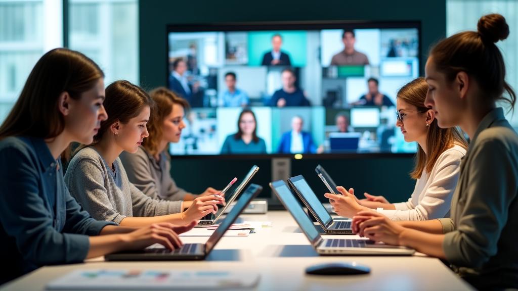 Team di designer che collabora da remoto su tessuti personalizzati sostenibili